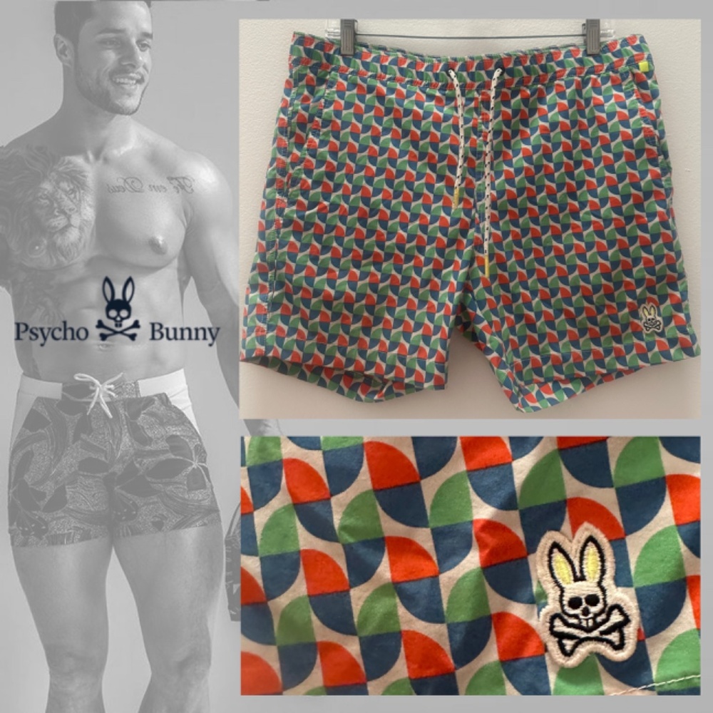 Psycho Bunny Blue and Red Swim Trunks with Elastic Waist